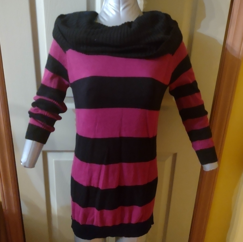 New Directions Weekend Sweater Dress Size Small Black Purple Stripe Long Sleeve